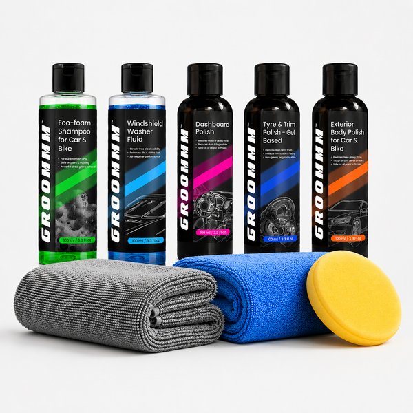 Groommm Complete Car Care Kit – Car Wash Shampoo, Windshield Washer, Dashboard Polish, Tyre & Trim Gel, Exterior Polish + 350/600 GSM Microfiber Cloth Combo