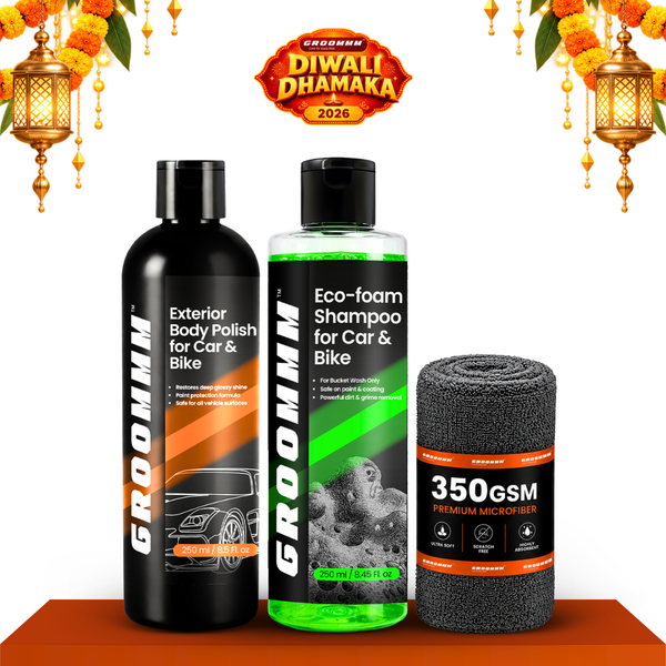 Groommm Exterior Body Polish 250ml + Car Wash Shampoo 250ml with 350 GSM Microfiber Cloth | Car & Bike Wash & Polish Combo | High Gloss Exterior Detailing Kit