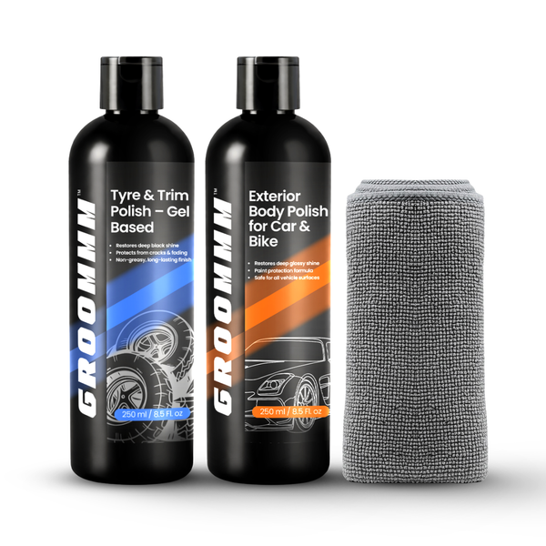 Groommm Tyre Polish + Exterior Body Polish Combo WITH APPLICATOR PAD & 350 GSM MICROFIBER CLOTH | Restore Your Car Paint & Tyres at Home