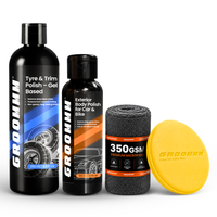 Groommm Tyre & Trim Gel 250ml + Exterior Body Polish 100ml with Applicator Pad & 350 GSM Microfiber Cloth | Car & Bike Detailing Kit | Restores Tyre Shine & Paint Gloss