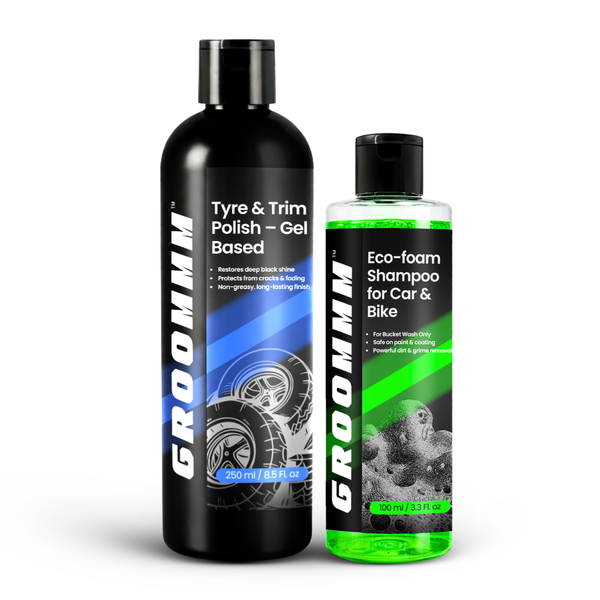 Groommm Tyre & Trim Gel 250ml + Car Wash Shampoo 100ml | Car & Bike Cleaning Combo | Deep Clean Wash & Long Lasting Tyre Shine