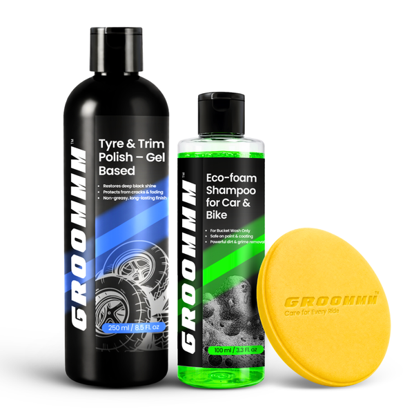 Groommm Tyre & Trim Gel 250ml + Car Wash Shampoo 100ml with Foam Applicator Pad | Car & Bike Cleaning & Tyre Shine Combo | Exterior Detailing Kit