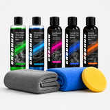 Groommm Complete Car Care Kit – Car Wash Shampoo, Windshield Washer, Dashboard Polish, Tyre & Trim Gel, Exterior Polish + 350/600 GSM Microfiber Cloth Combo