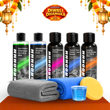 Groommm Complete Car Care Kit – Car Wash Shampoo, Windshield Washer, Dashboard Polish, Tyre & Trim Gel, Exterior Polish + 350/600 GSM Microfiber Cloth Combo