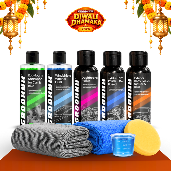 Groommm Complete Car Care Kit – Car Wash Shampoo, Windshield Washer, Dashboard Polish, Tyre & Trim Gel, Exterior Polish + 350/600 GSM Microfiber Cloth Combo