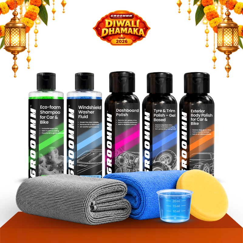 Groommm Complete Car Care Kit – Car Wash Shampoo, Windshield Washer, Dashboard Polish, Tyre & Trim Gel, Exterior Polish + 350/600 GSM Microfiber Cloth Combo