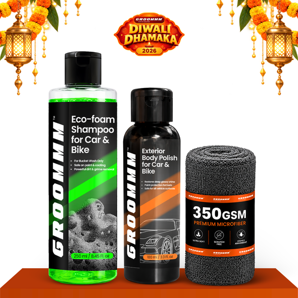 Groommm Car Wash Shampoo 250ml + Exterior Body Polish 100ml with 350 GSM Microfiber Cloth