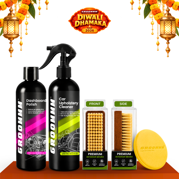 Groommm Interior Maintenance Kit | Dashboard Polish250 ml +  Car Upholstery Cleaner 250 ml  + Applicator Pad + Cleaning Brush | Complete Car Interior Cleaning & Protection Kit