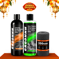 Groommm Exterior Body Polish 250ml + Car Wash Shampoo 250ml with 350 GSM Microfiber Cloth | Car & Bike Wash & Polish Combo | High Gloss Exterior Detailing Kit