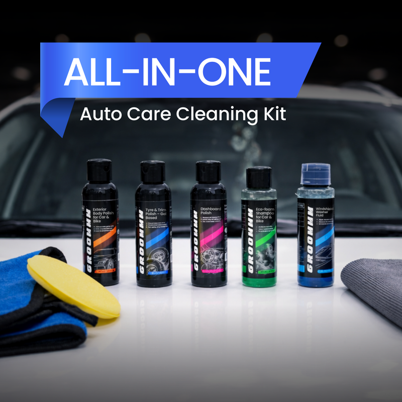 Set of car care products including bottles and cloths with 'All-in-One Auto Care Cleaning Kit' text.