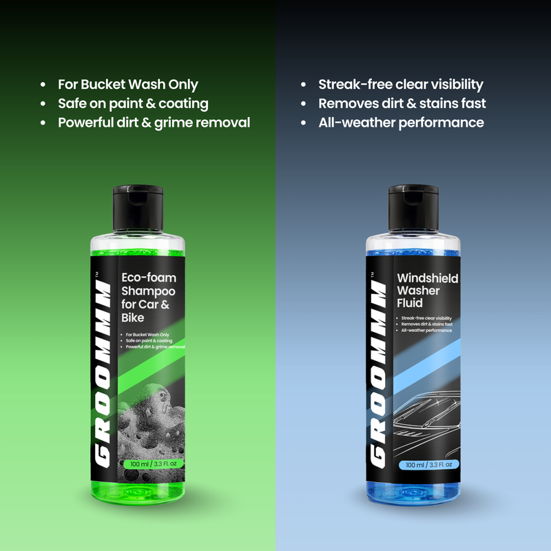 Two bottles of GROOMM car care products on a green and blue gradient background.