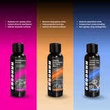 Three bottles of Grooman car polish products on a colorful background