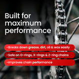 Bicycle chain with text highlighting performance features on a blurred background