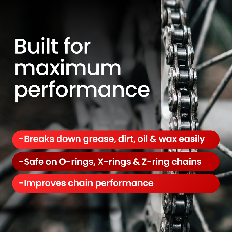 Bicycle chain with text highlighting performance features on a blurred background