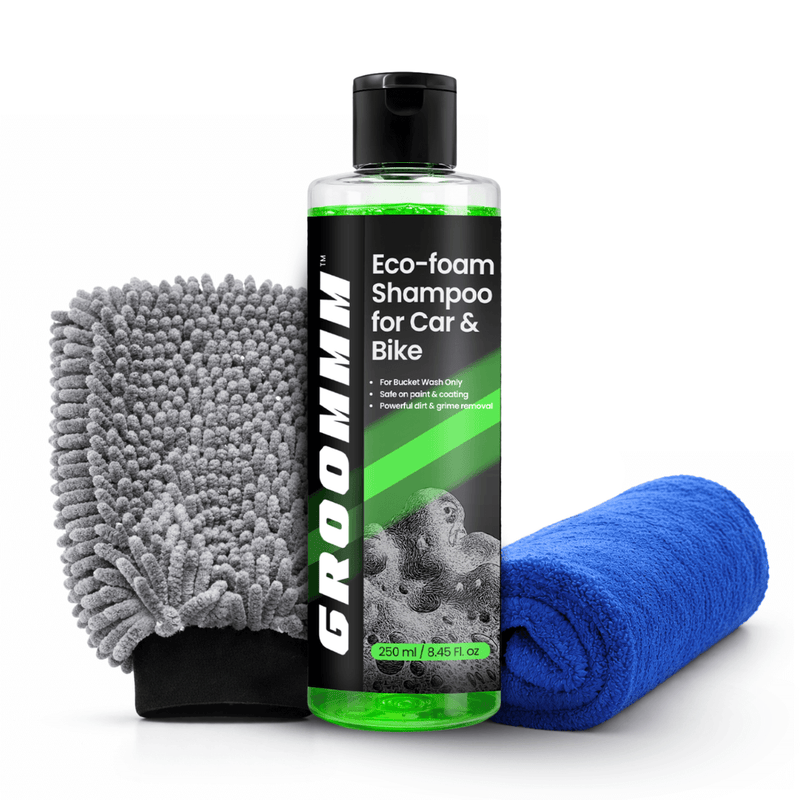 Groommm Car Care Combo – Shampoo 250 ML + Hand Mitts + Microfiber Cloth 600GSM