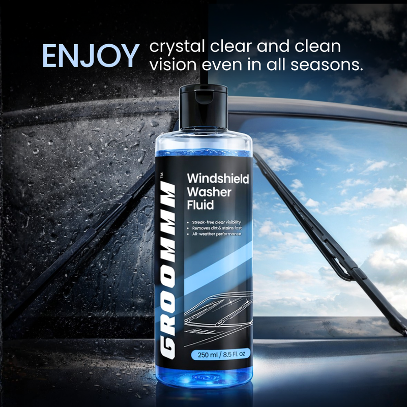 GROOMMM Full Exterior Cleaning & Maintenance Kit | Exterior Body Polish 250 ML + Windshield Washer Fluid 250 ML + Eco Foam Shampoo 250 ML + Tyre Polish 250 ML + Applicator Pad + 350 GSM Microfiber Cloth