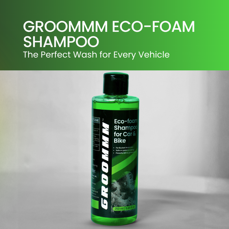 GROOMMM Full Exterior Cleaning & Maintenance Kit | Exterior Body Polish 250 ML + Windshield Washer Fluid 250 ML + Eco Foam Shampoo 250 ML + Tyre Polish 250 ML + Applicator Pad + 350 GSM Microfiber Cloth