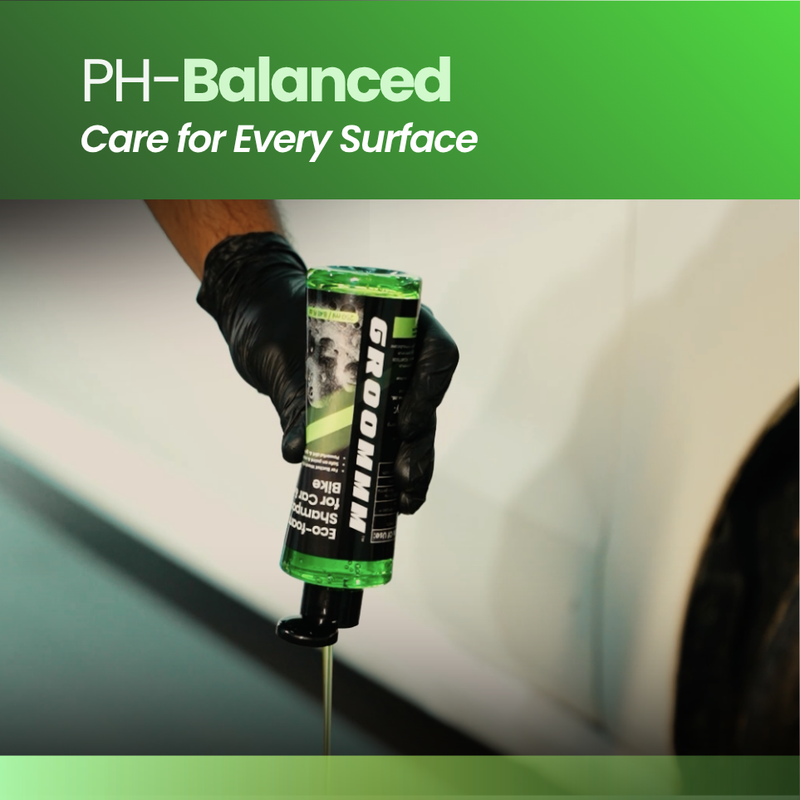 GROOMMM Full Exterior Cleaning & Maintenance Kit | Exterior Body Polish 250 ML + Windshield Washer Fluid 250 ML + Eco Foam Shampoo 250 ML + Tyre Polish 250 ML + Applicator Pad + 350 GSM Microfiber Cloth
