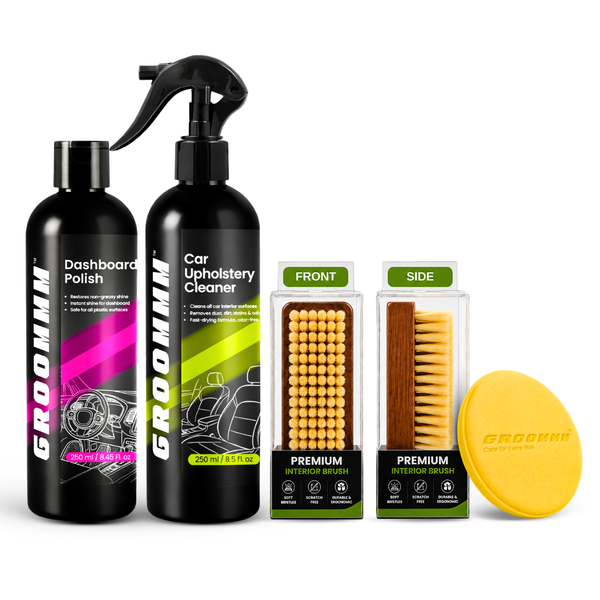Groommm Interior Maintenance Kit | Dashboard Polish +  Car Upholstery Cleaner + Applicator Pad + Cleaning Brush | Complete Car Interior Cleaning & Protection Kit