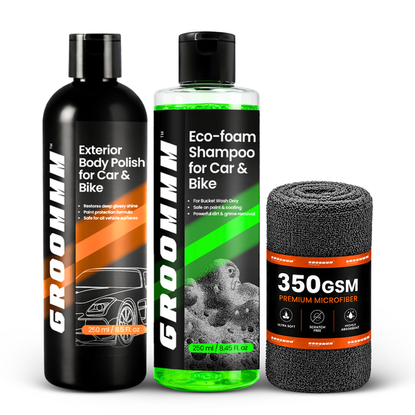 Groommm Exterior Body Polish 250ml + Car Wash Shampoo 250ml with 350 GSM Microfiber Cloth | Car & Bike Wash & Polish Combo | High Gloss Exterior Detailing Kit