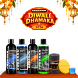 GROOMMM Full Exterior Cleaning & Maintenance Kit | Exterior Body Polish 250 ML + Windshield Washer Fluid 250 ML + Eco Foam Shampoo 250 ML + Tyre Polish 250 ML + Applicator Pad + 350 GSM Microfiber Cloth
