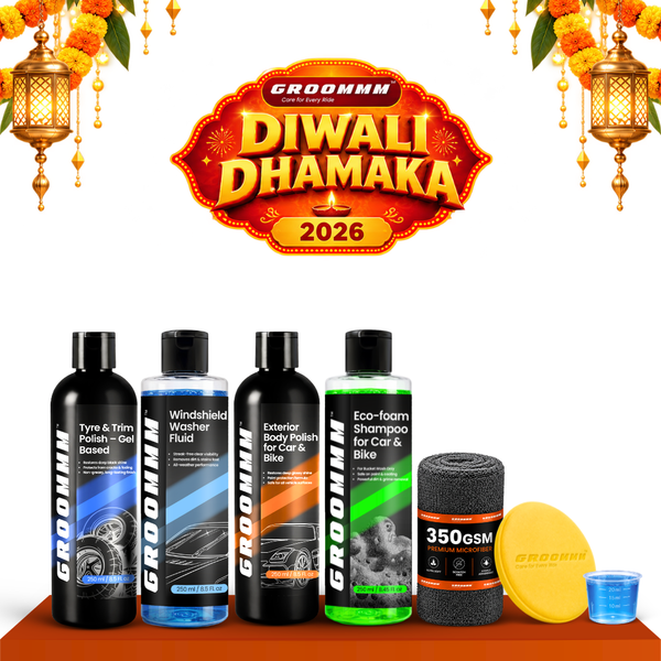 GROOMMM Full Exterior Cleaning & Maintenance Kit | Exterior Body Polish 250 ML + Windshield Washer Fluid 250 ML + Eco Foam Shampoo 250 ML + Tyre Polish 250 ML + Applicator Pad + 350 GSM Microfiber Cloth