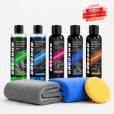 Groommm Complete Car Care Kit – Car Wash Shampoo, Windshield Washer, Dashboard Polish, Tyre & Trim Gel, Exterior Polish + 350/600 GSM Microfiber Cloth Combo