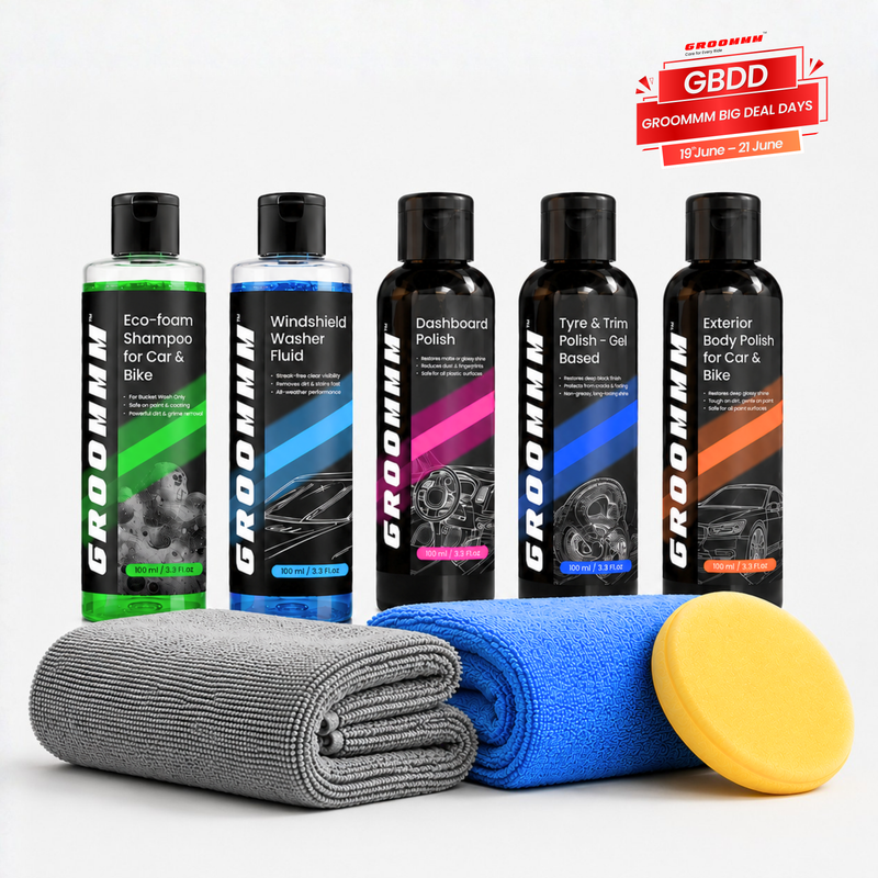 Groommm Complete Car Care Kit – Car Wash Shampoo, Windshield Washer, Dashboard Polish, Tyre & Trim Gel, Exterior Polish + 350/600 GSM Microfiber Cloth Combo