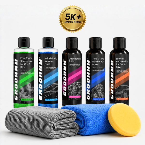 Groommm Complete Car Care Kit – Car Wash Shampoo, Windshield Washer, Dashboard Polish, Tyre & Trim Gel, Exterior Polish + 350/600 GSM Microfiber Cloth Combo