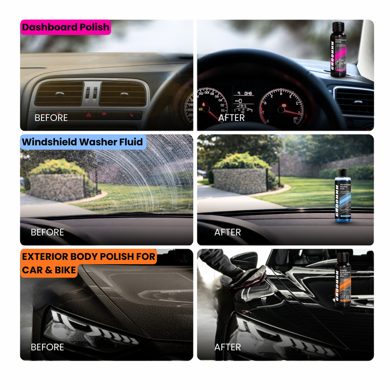 Groommm Complete Car Care Kit – Car Wash Shampoo, Windshield Washer, Dashboard Polish, Tyre & Trim Gel, Exterior Polish + 350/600 GSM Microfiber Cloth Combo