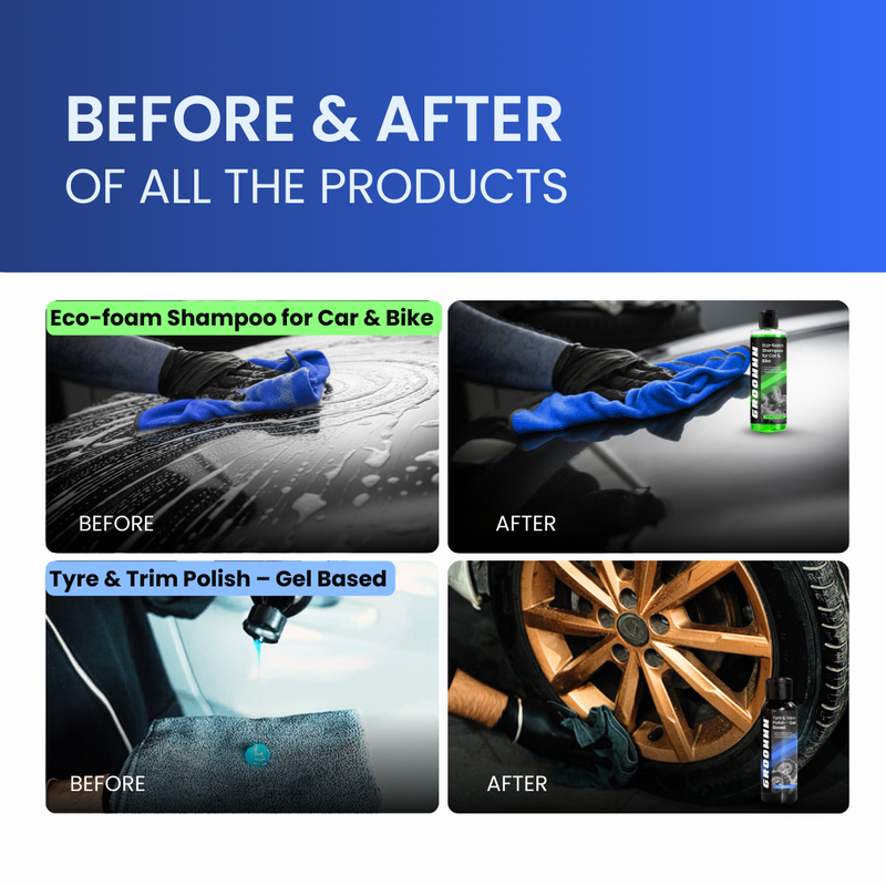Groommm Complete Car Care Kit – Car Wash Shampoo, Windshield Washer, Dashboard Polish, Tyre & Trim Gel, Exterior Polish + 350/600 GSM Microfiber Cloth Combo