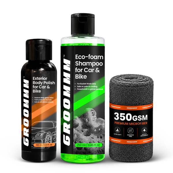 Groommm Car Wash Shampoo 250ml + Exterior Body Polish 100ml with 350 GSM Microfiber Cloth