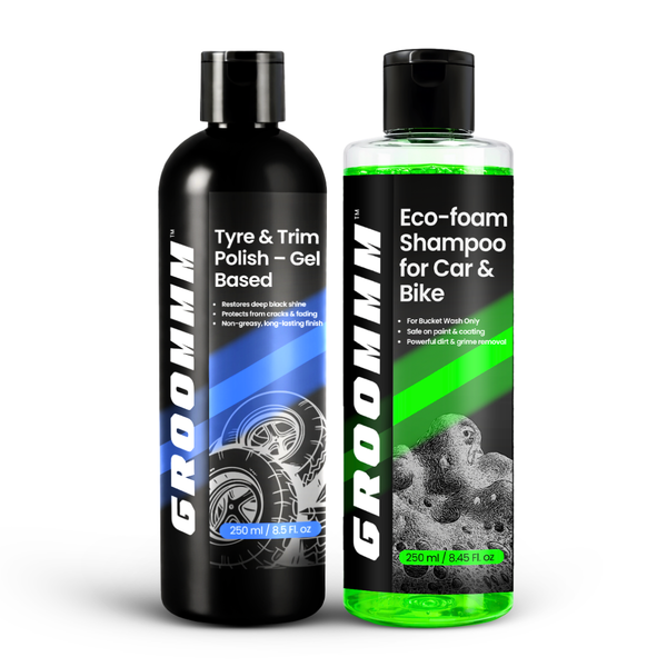 Groommm Tyre & Trim Gel 250ml + Car Wash Shampoo 250ml | Car & Bike Cleaning Combo | Deep Clean Wash & Long Lasting Tyre Shine