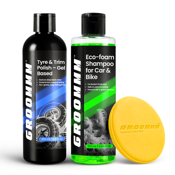 Groommm Tyre & Trim Gel 250ml + Car Wash Shampoo 250ml with Foam Applicator Pad | Car & Bike Cleaning & Tyre Shine Combo | Exterior Detailing Kit