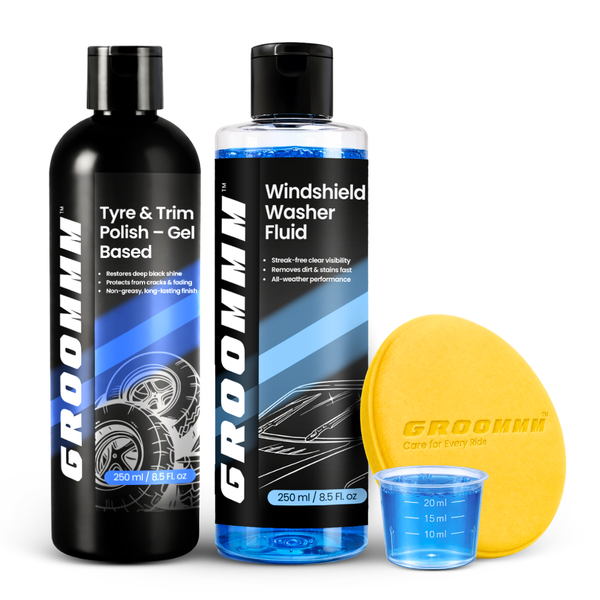 Groommm Tyre & Trim Gel 250ml + Windshield Washer 250ml with Measuring Cap & Foam Applicator Pad