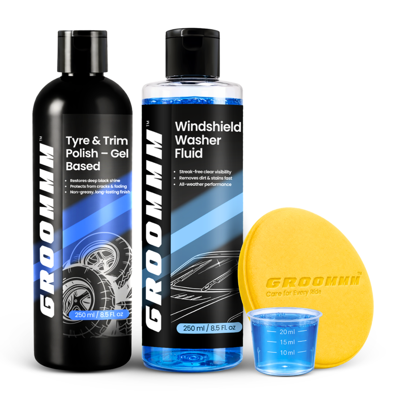 Groommm Tyre & Trim Gel 250ml + Windshield Washer 250ml with Measuring Cap & Foam Applicator Pad