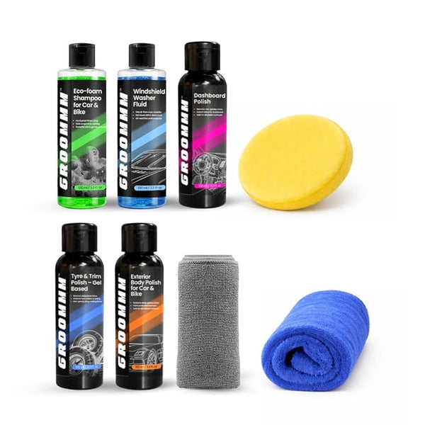 Groommm Complete Car Care Kit – Car Wash Shampoo, Windshield Washer, Dashboard Polish, Tyre & Trim Gel, Exterior Polish + 350/600 GSM Microfiber Cloth Combo